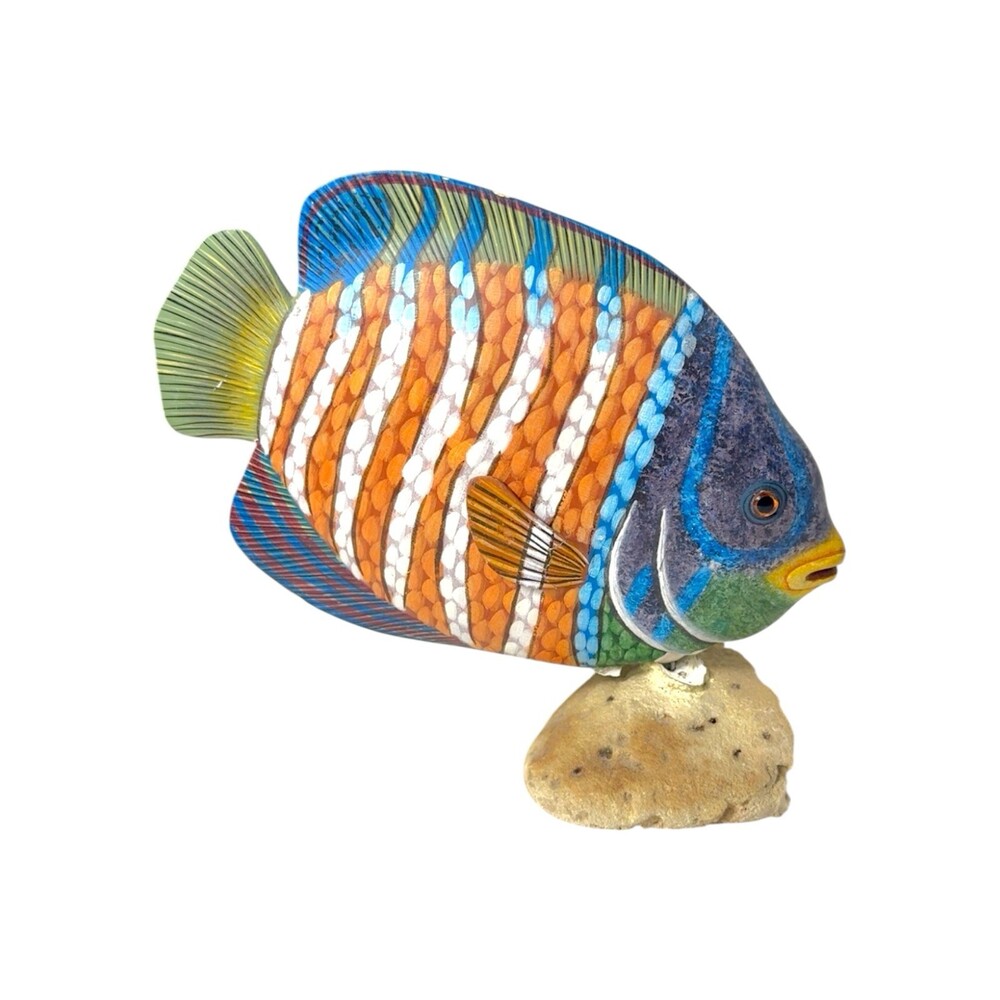 Vintage Hand Carved Wood Tropical Fish Sculpture Coral Base Coastal Beach Decor